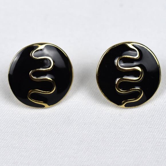 Retro vintage gold tone & black enamel squiggle wavy stud earrings whimsigoth - Picture 2 of 4